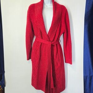 Talbots Red Donegal Cable Knit Cardigan Sweater Flecked Long Line Duster Small